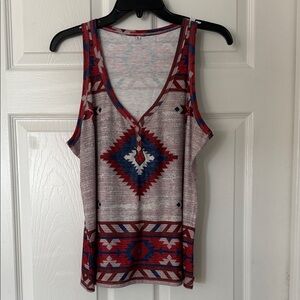 Trendy Aztec Patterned Tank Top in Red and Blue
